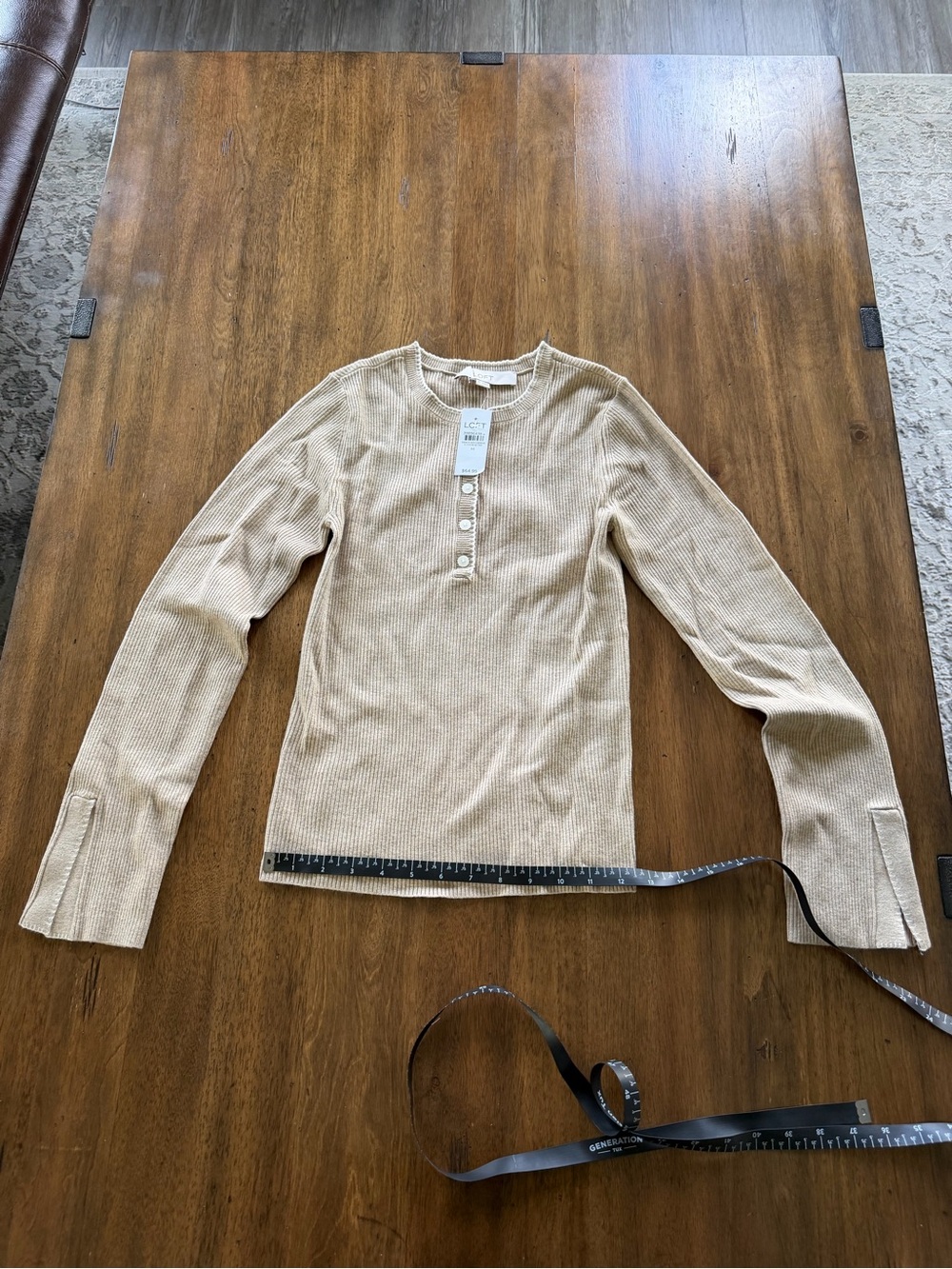 LOFT Beige Ribbed Henley Crewneck Sweater
